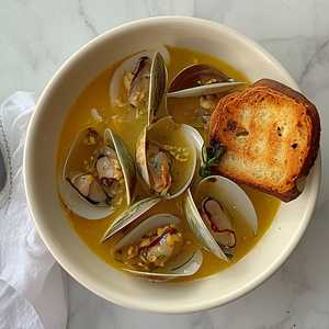 Hama Hama Clams, Corn Bisque, Lime Leaf, Grilled Bread