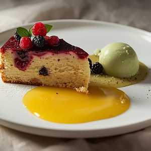 Huckleberry & White Polenta Cake With Citrus Zabaglione & Fig Leaf Gelato