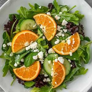Sonoma garden lettuce salad, za'atar vinaigrette, Persian cucumber, Cara Cara oranges, sunflower seeds, Essex feta