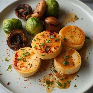 Tofu \"Scallops\" with Orange Soy Glaze, Brussels Sprouts, Maitake Mushrooms, and Togarashi