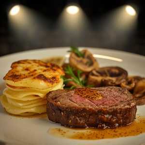 Filet of Beef with Potato Gratin, King Trumpet Mushrooms, and Bone Marrow Bearnaise