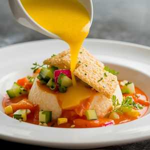 Sweet Corn Soup with Red Pepper Flan, Summer Vegetables, Pickled Shallots, and Rice Cracker