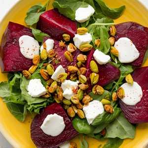 Roasted Beet and Goat Cheese Salad with Crushed Pistachios and Citrus Vinaigrette
