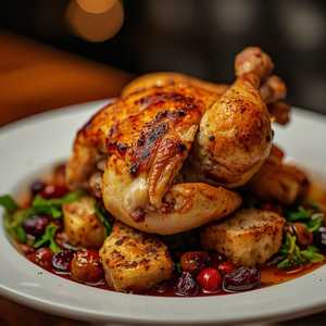 Chicken for two roasted in the wood-fired brick oven; warm bread salad with scallions, garlic, bitter greens, dried currants, and pine nuts