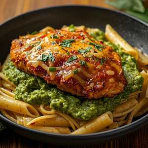 Radiatore With Creamy Collards & Southern Fried Chicken Parm