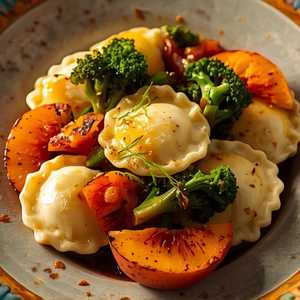 Goat Cheese Ravioli With Peaches, Grilled Broccolini & Sweet Pepper Sugo