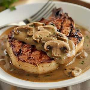 Veal Chop with Wild Mushroom Cream Sauce