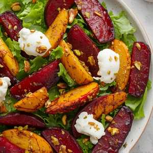 Roasted Beet and Goat Cheese Salad with Crushed Pistachios and Citrus Vinaigrette