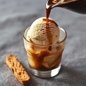 Affogato: large scoop of vanilla bean ice cream with a double espresso shot, cranberry-currant biscotti