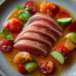 Bigeye tuna crudo with tomato aguachile, Flavor Fall pluots, serpent cucumber, and huacatay