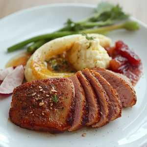 Lemon Pepper Duck Breast with Duck Hash, Celery Root Purée, Bacon Braised Endive, and Rhubarb Compote