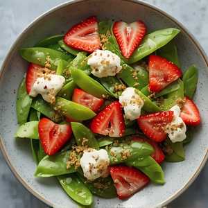 Chilled snap pea salad, house labneh, local strawberries, mint, pistachio dukkah