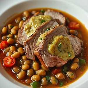 Seared Pork Tenderloin with Fresh Bean Cassoulet, and Green Garlic Soubise