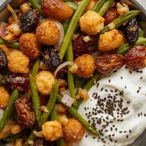 Piccolo fritto: deep-fried Medjool dates, Blue Lake beans, and onion with tahini yogurt and nigella seeds