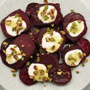 Roasted Beet and Goat Cheese Salad with Crushed Pistachios and Citrus Vinaigrette