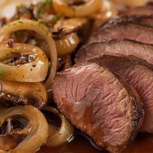 Sliced Filet Mignon with Cipollini Onions, Wild Mushrooms