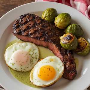 Steak & Eggs, grilled New York prime steak (12 oz), green peppercorn sauce, charred brussels sprouts, apple over 2 easy eggs