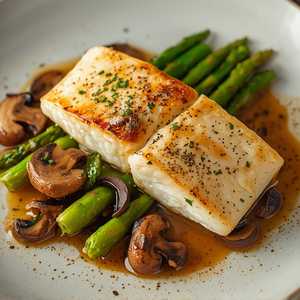 Pan-Seared Sea Bass with Shiitake Mushrooms, Asparagus and Miso Butter