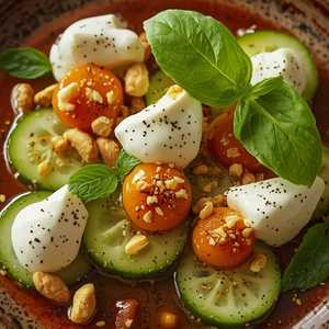 chile marinated cucumbers, peanut, benne seed, yogurt, basil