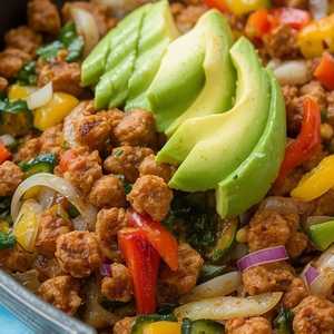 Mexican chorizo scramble, onions, roasted peppers and avocado