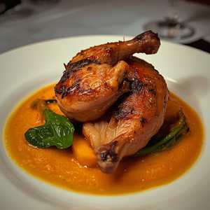 Poulet rôti avec des poireaux et courges et une purée de courges
