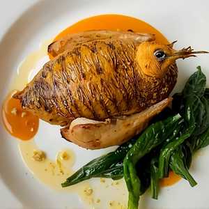 Roasted Quail with Quinoa-Sweet Potato Stuffing, Red Pepper Flan, Spigarello, and Walnut Cream