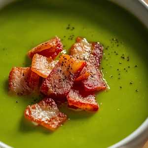 English, sugar snap, and snow pea soup with rice, house-smoked bacon, and black pepper