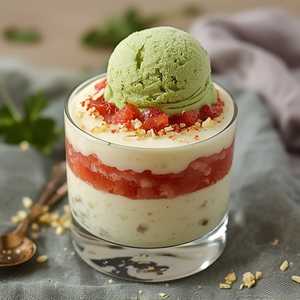 Rice Pudding with Rhubarb Compote, White Chocolate Ganache, and Cilantro Sorbet