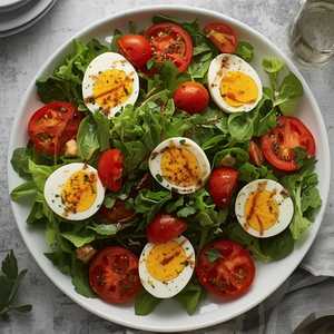 Mix salad, goat cheese, tomatoes, egg, pistou, balsamic vinaigrette