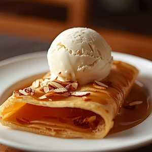 CREPE W/ DULCE DE LECHE, VANILLA ICE CREAM & TOASTED ALMONDS