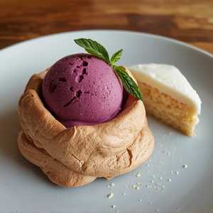 brown sugar pavlova, blueberry-basil sorbet, coconut cream cake