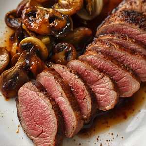 Sliced Filet Mignon with Cipollini Onions, Wild Mushrooms and Fig Essence