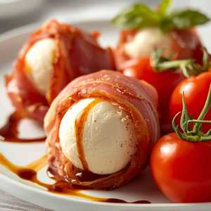 Prosciutto Wrapped Mozzarella with Vine Ripe Tomatoes