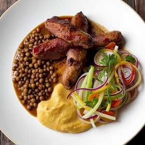 Saucisse de cerf et porc avec chicorée frisée, lentilles et purée de céleri-rave