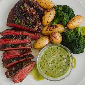 Stemple Creek Ranch bavette steak, Jimmy Nardello peppers, and broccoli rabe with fingerling potatoes and Sweet 100 tomato chimichurri
