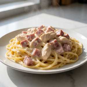 Ham & Chicken in Cream Sauce over Spaghetti