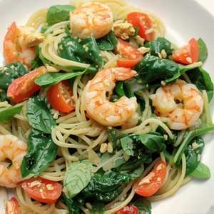 Shrimp Scampi Capellini Toasted Pine Nuts, Spinach, Tomato And White Wine