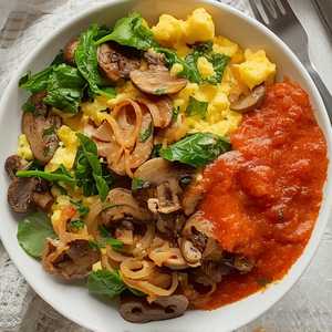 Vegetable scramble, mushrooms, spinach, caramelized onions and harissa sauce