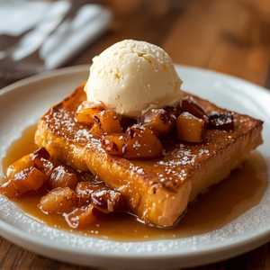 French Toast with Caramelized Apples, Vanilla Cream, and Brioche Ice Cream