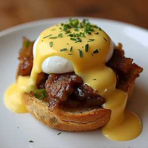 Eggs Benedict w/duck confit, caramelized onions, Hollandaise sauce