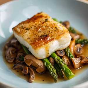 Pan-Seared Sea Bass with Shiitake Mushrooms, Asparagus and Miso Butter