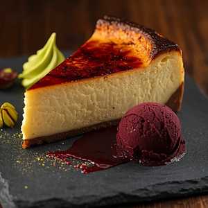 Burnt Basque Cheesecake For Two With Pistachio Mousse & Amarena Cherry Sorbetto