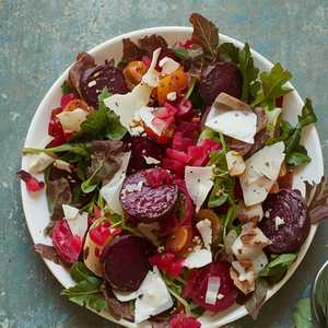 Mixed heirloom chicory salad, spring onion ranch dressing, marinated baby beets, crispy tortilla, Manchego