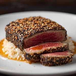 Sushi-Grade Sesame Seared Tuna with Gingered Rice, White Soy and Sambal Vinaigrette