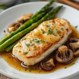 Pan-Seared Sea Bass with Shiitake Mushrooms, Asparagus and Miso Butter