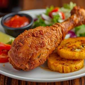 Muslo de Pollo Frito, Tostones y Ensalada