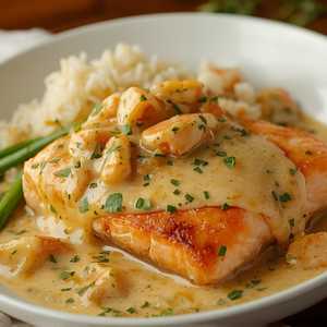 Salmon and Crab a la Newburg, Rice