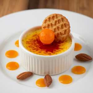 Vanilla Crème Brûlée with Vanilla Sable, Orange Gel, and Crystalized Almonds