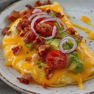 Crispy bacon omelette, tomato, red onions, avocado, cheddar cheese