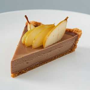 Slice of Chef's duck liver mousse tart, cassis gelée, Anjou pear, mustard seed, cornichon, field greens